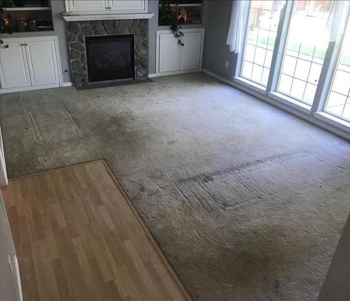 Living room with badly stained and water damaged carpet